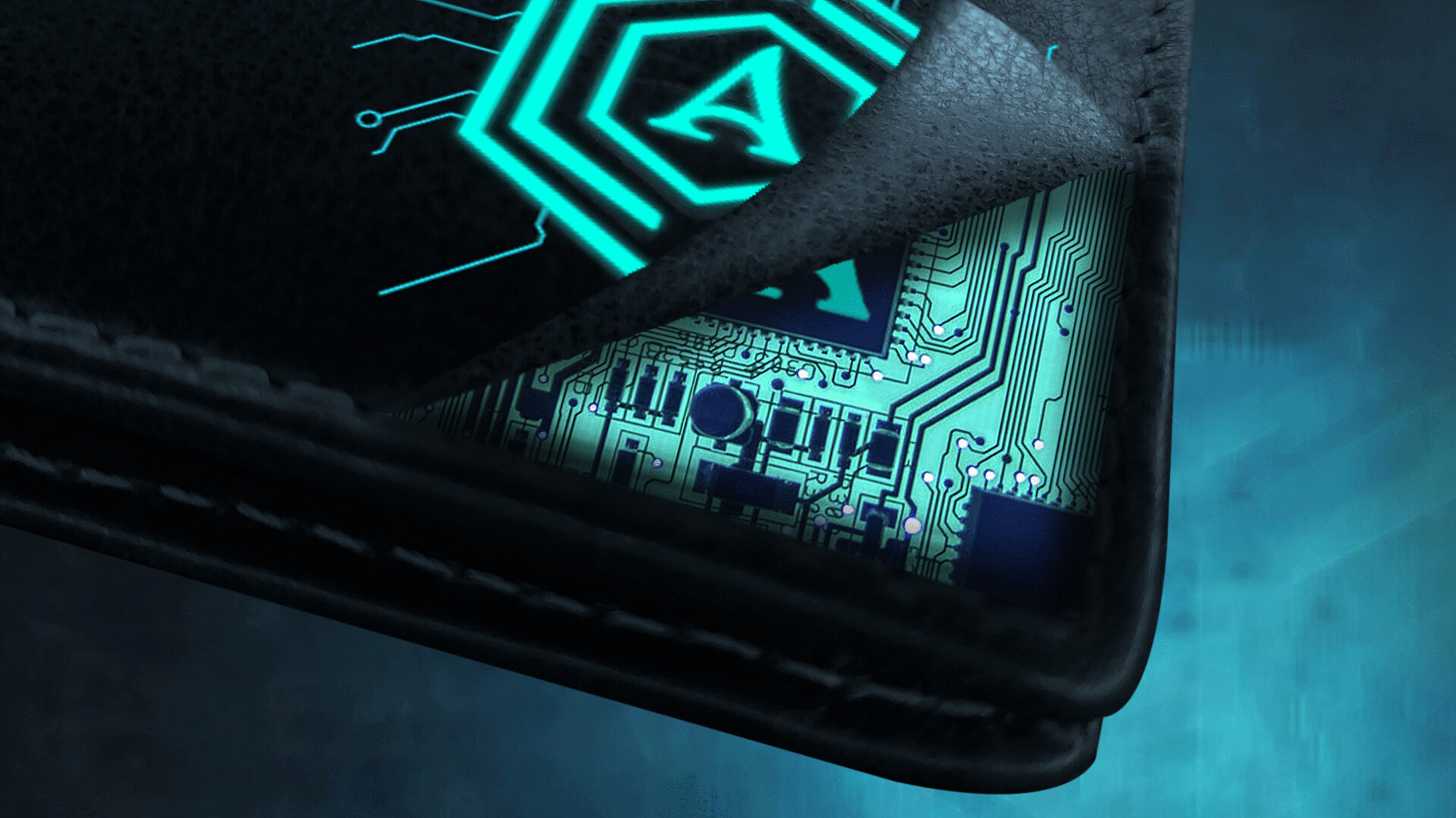 Image manipulation — wallet peeled open revealing a circuit board