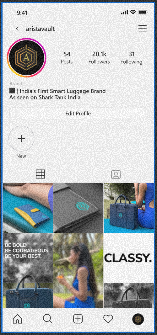 Arista Vault Instagram profile on a phone — India's first smart luggage brand, as seen on Shark Tank India