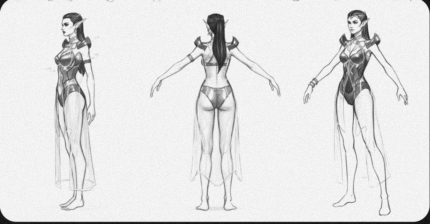 Maavi character three-view turnaround sketch