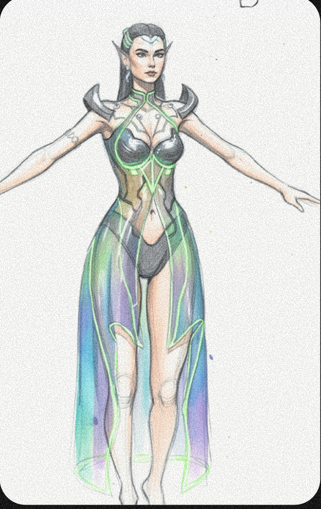 Maavi costume sketch — coloured concept