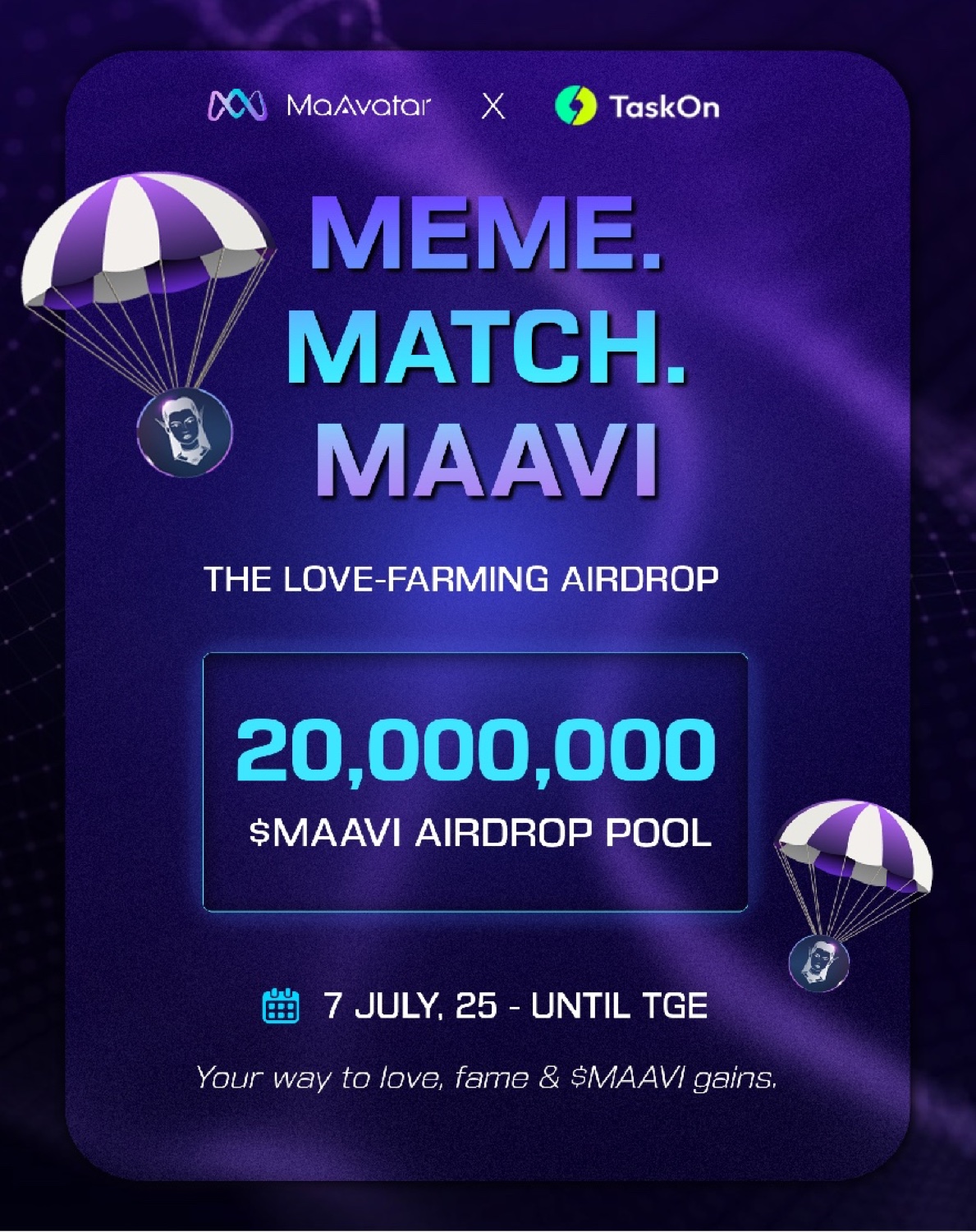 Meme. Match. Maavi — love farming airdrop banner