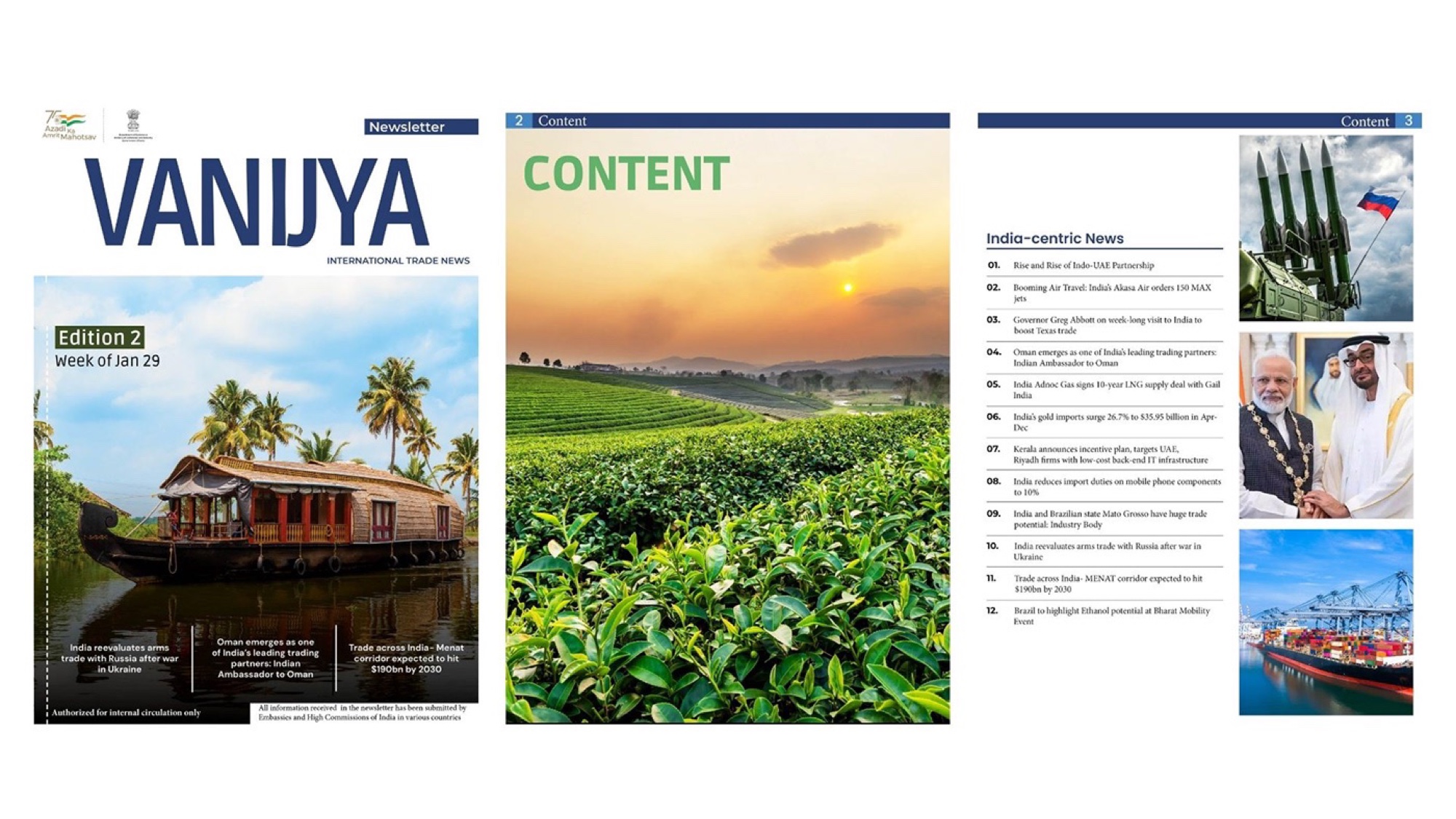 VANIJYA Edition 2 cover, content page, and India-centric news page