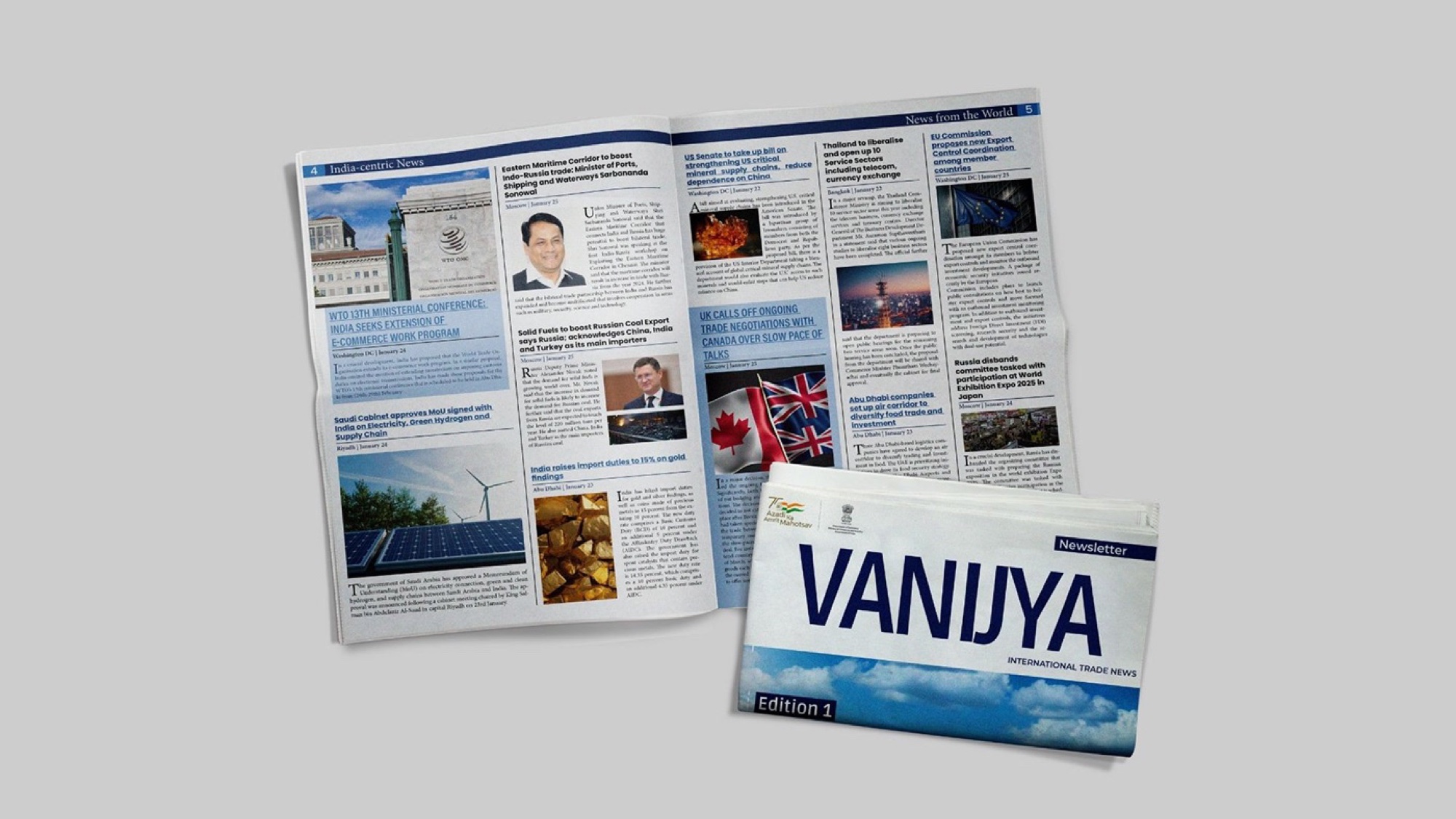 Newspaper spread with the VANIJYA newsletter, Edition 1