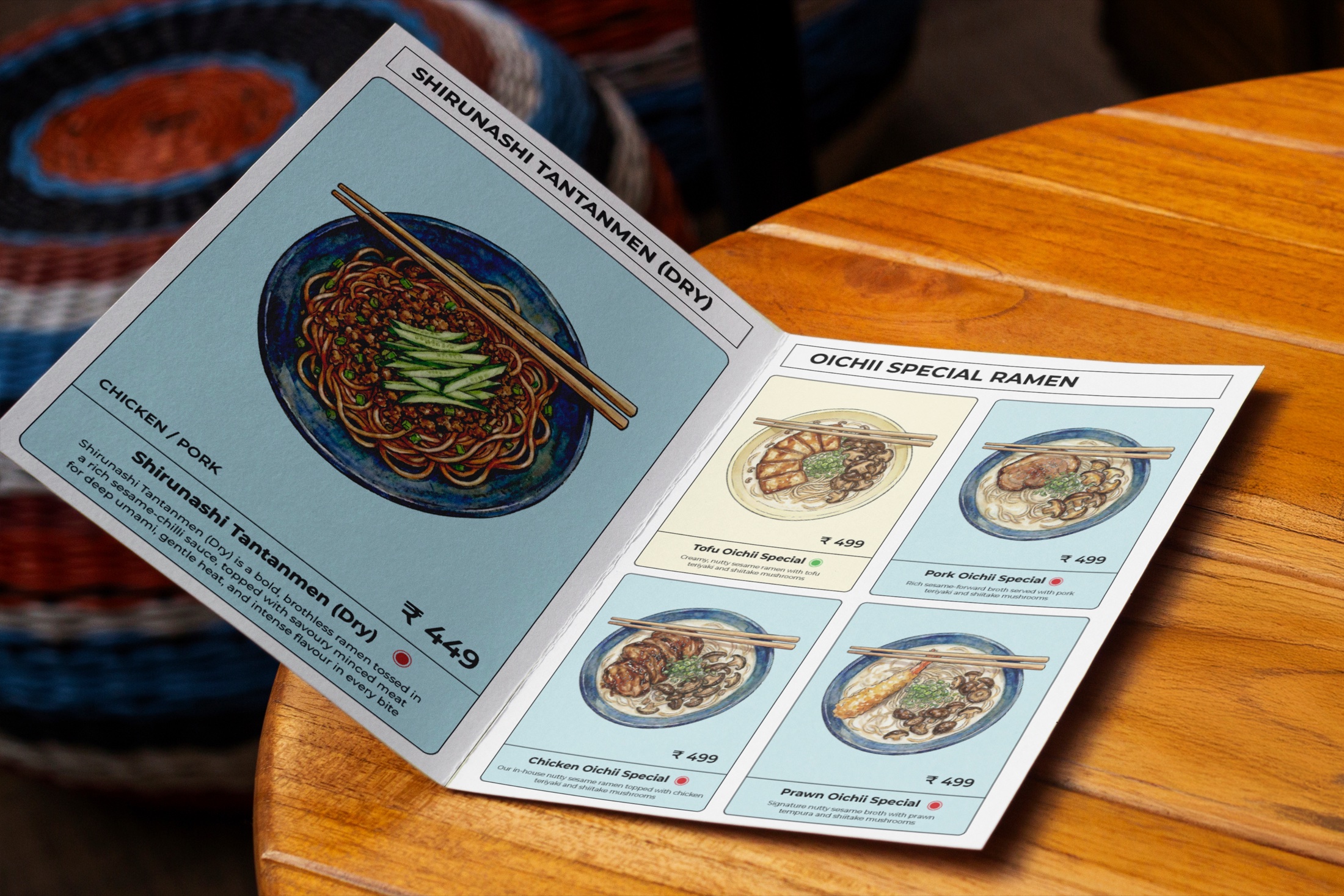 OICHII illustrated menu open on a wooden table