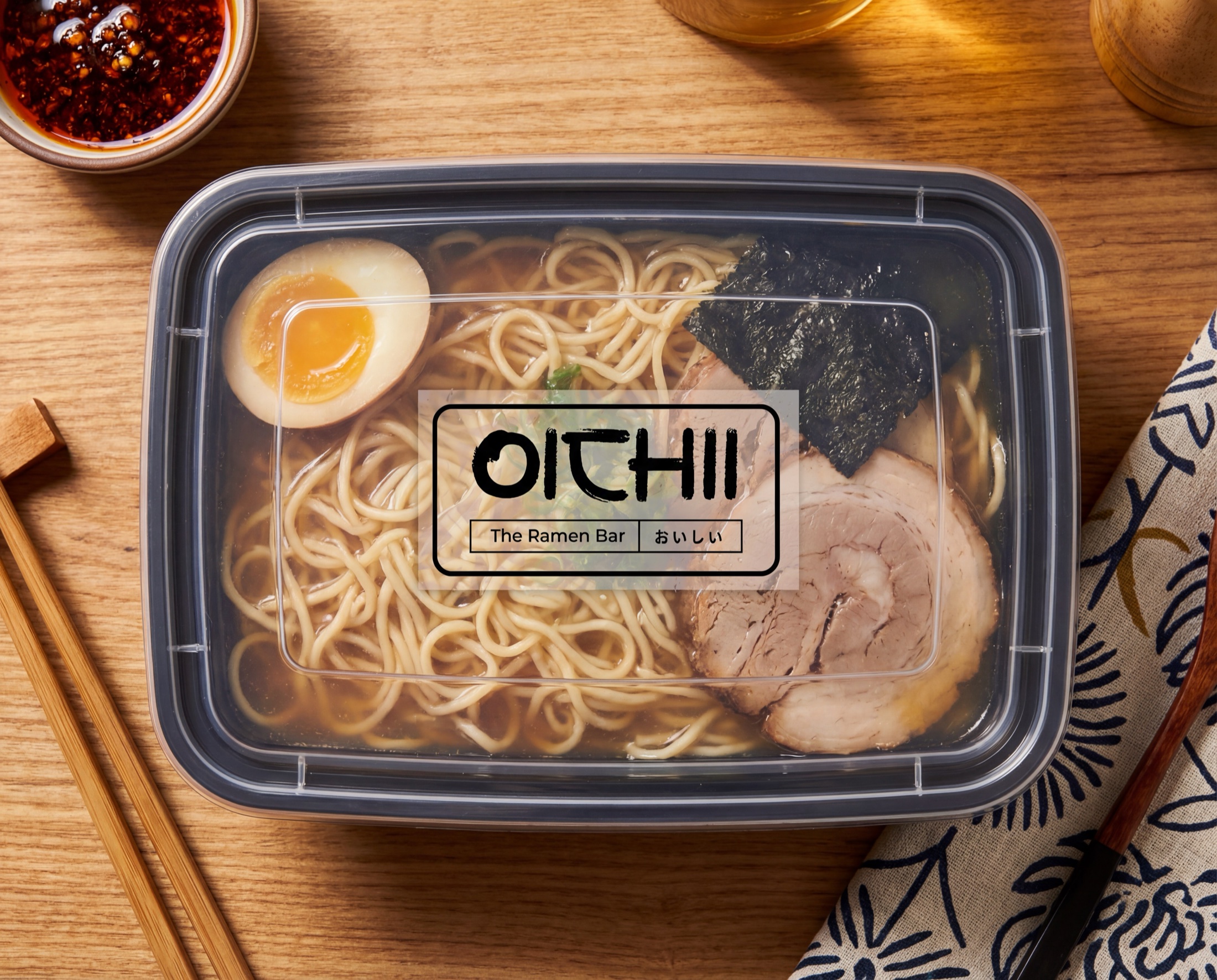 OICHII branded sticker on ramen takeaway packaging