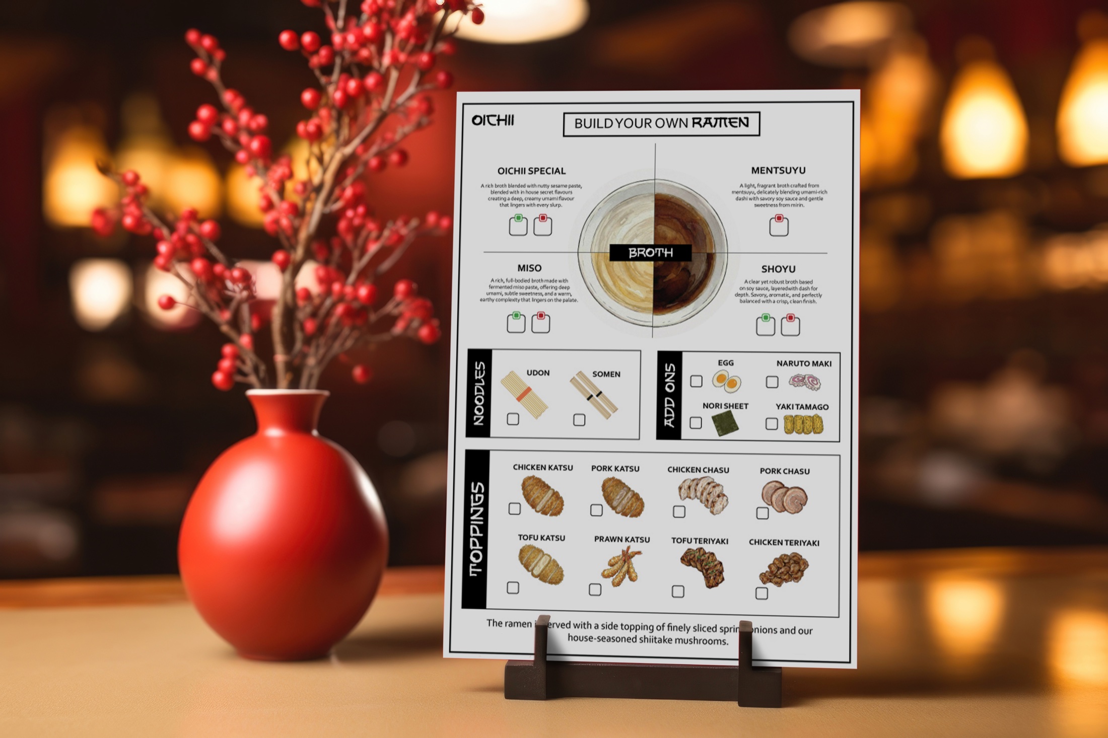 Build Your Own Ramen pamphlet standee on a restaurant table