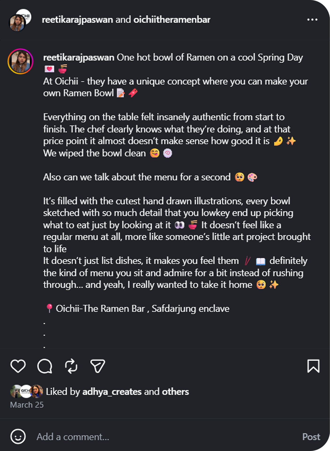 Instagram review of OICHII The Ramen Bar